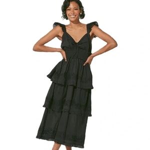 Cleobella Black Tiered Midi Dress with Flutter Sleeves